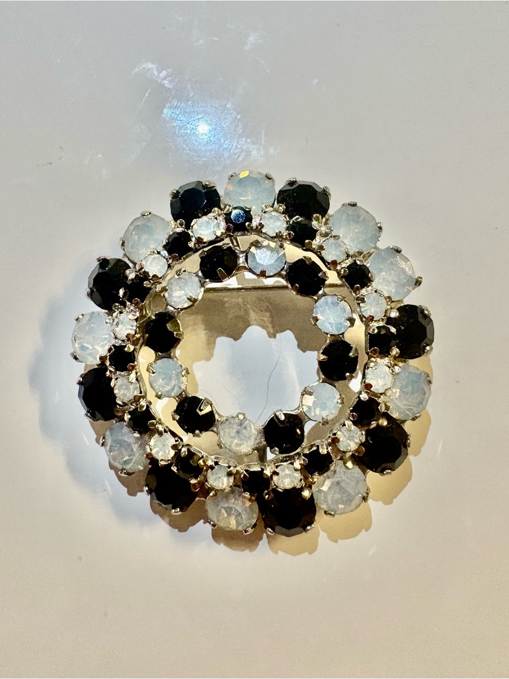 Vintage Black & Frosted Milk Glass Wreath Brooch • Silvertone Circle Pin •